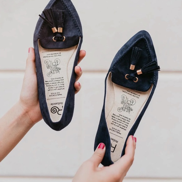 Navy Blue Tassel Roll Up Slip On Flat Shoes Rollasole Brand Casual Comfy Slipper - Picture 3 of 3